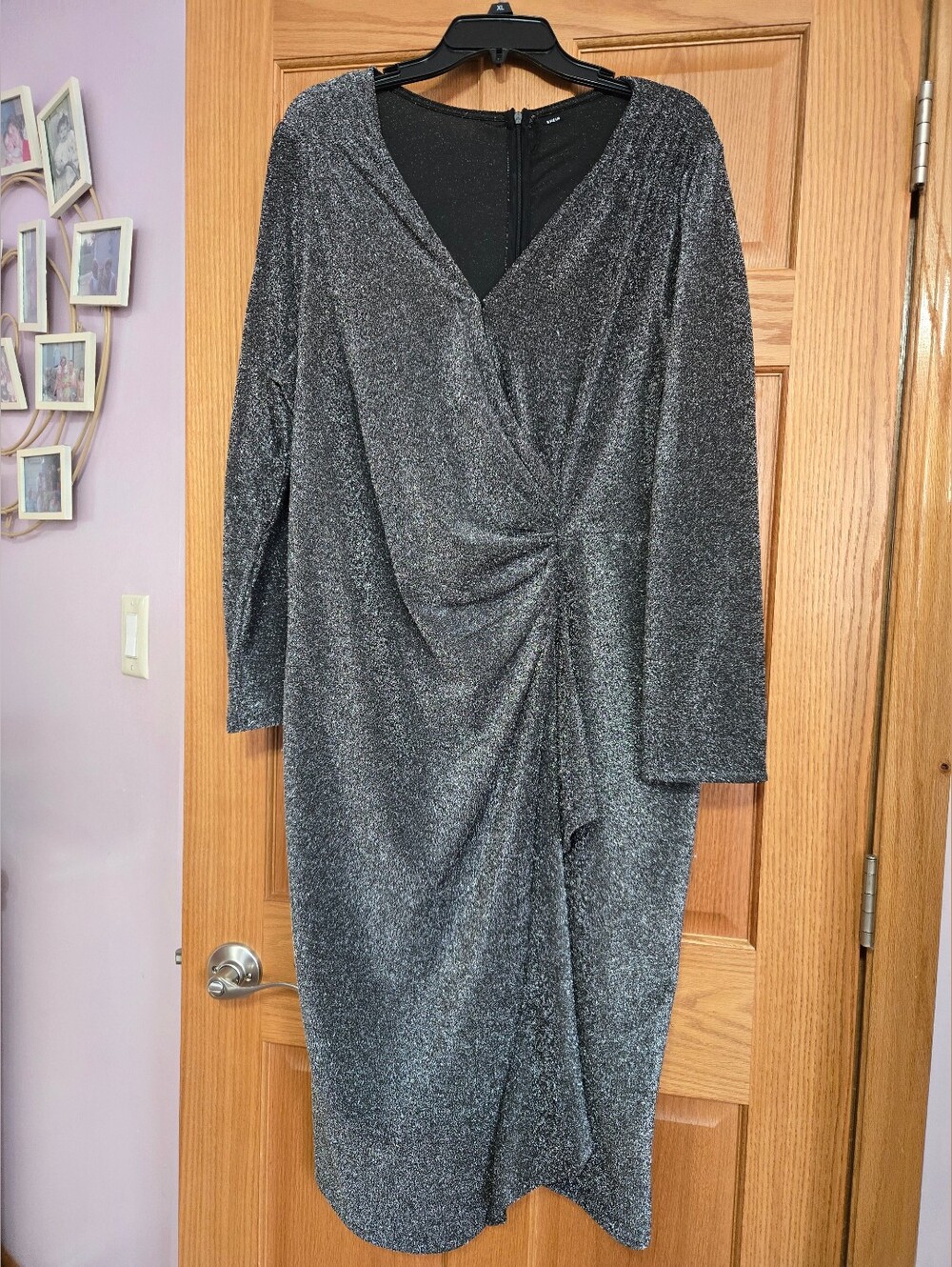 Metallic Gray Wrap-Front Evening Dress